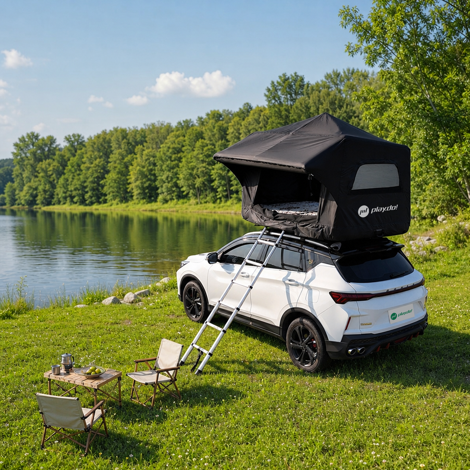 PlayDo Castle inflatable rooftop tent mounted on a white SUV beside a lake
