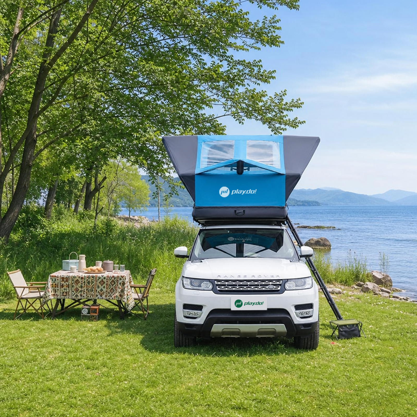 PlayDo Osprey inflatable rooftop tent at a lakeside campsite
