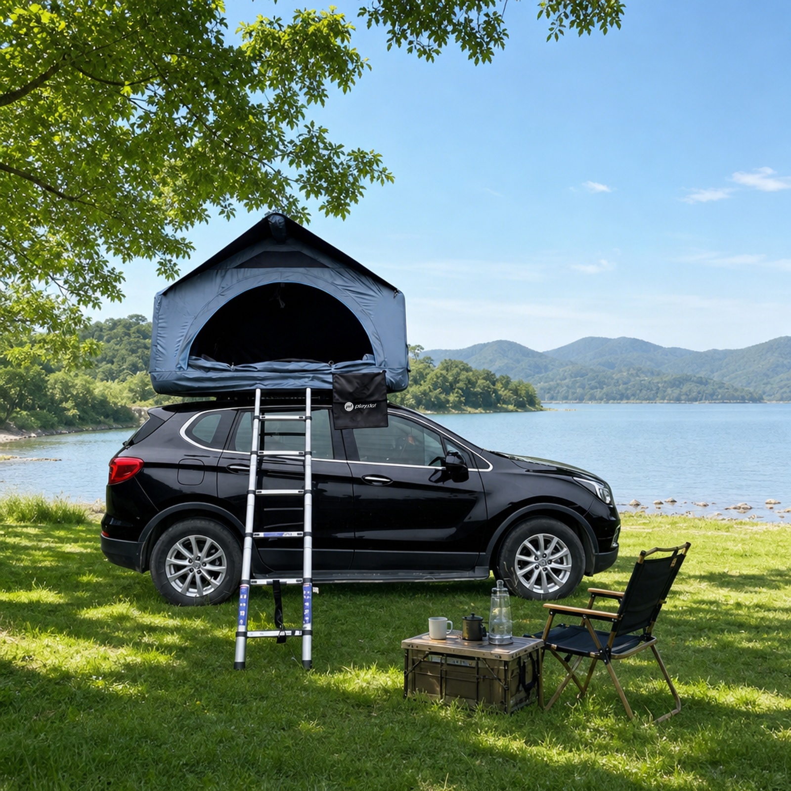 PlayDo Shell Wing inflatable rooftop tent beside a lake