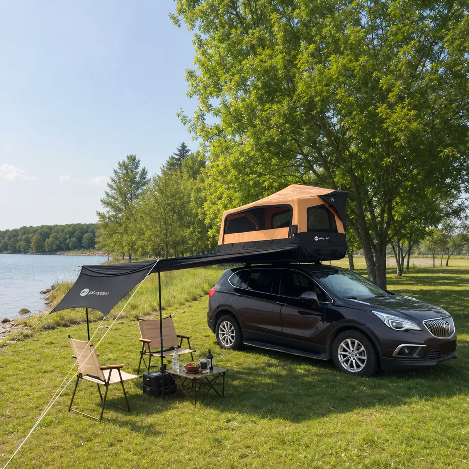 PlayDo 90-degree car side awning beside an SUV campsite