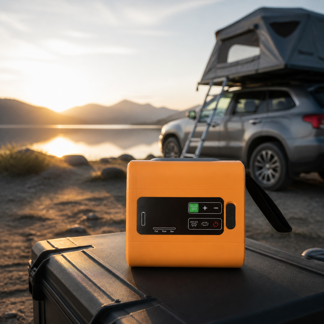 PlayDo electric air pump at a rooftop tent campsite