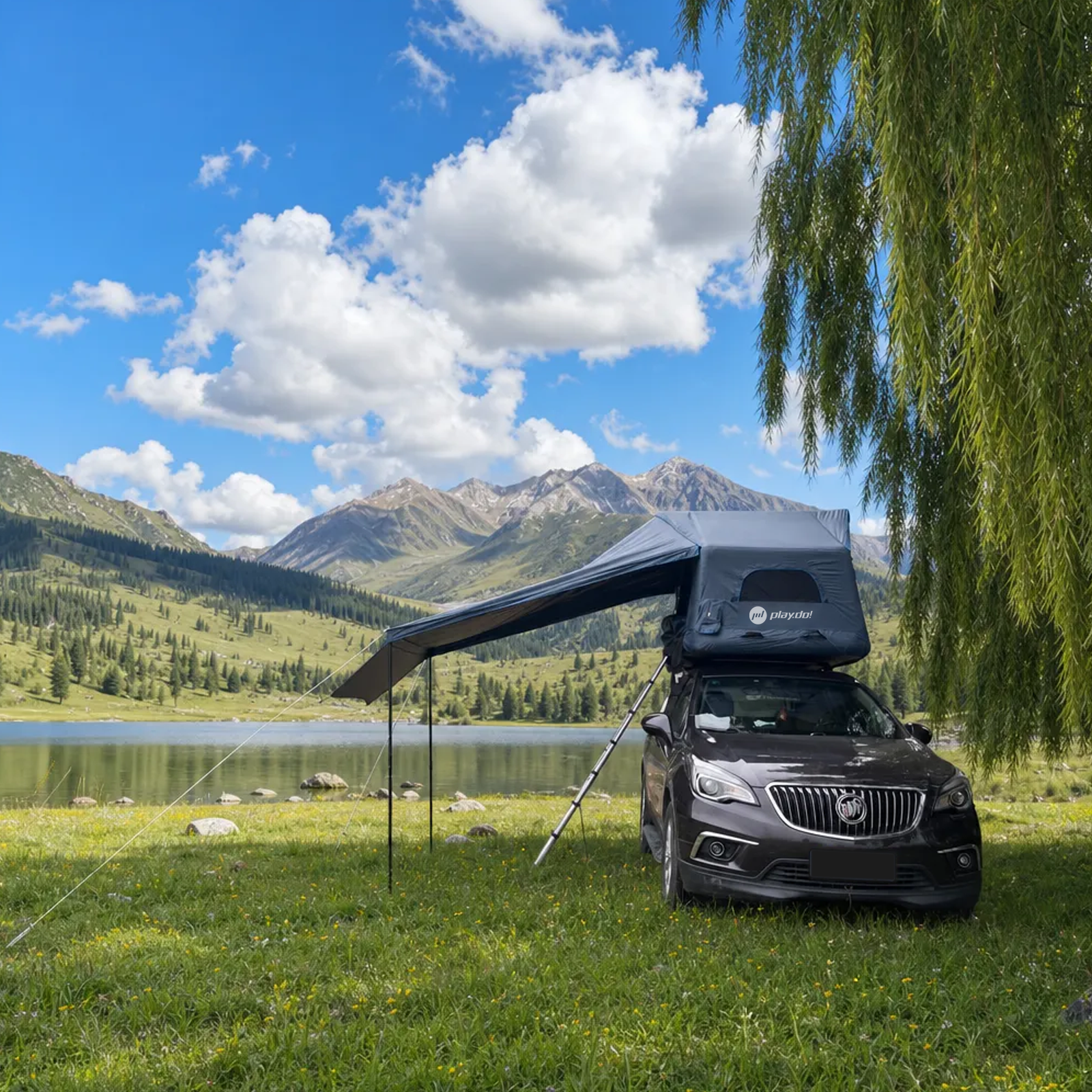 PlayDo Shell Wing rooftop tent at a family campsite