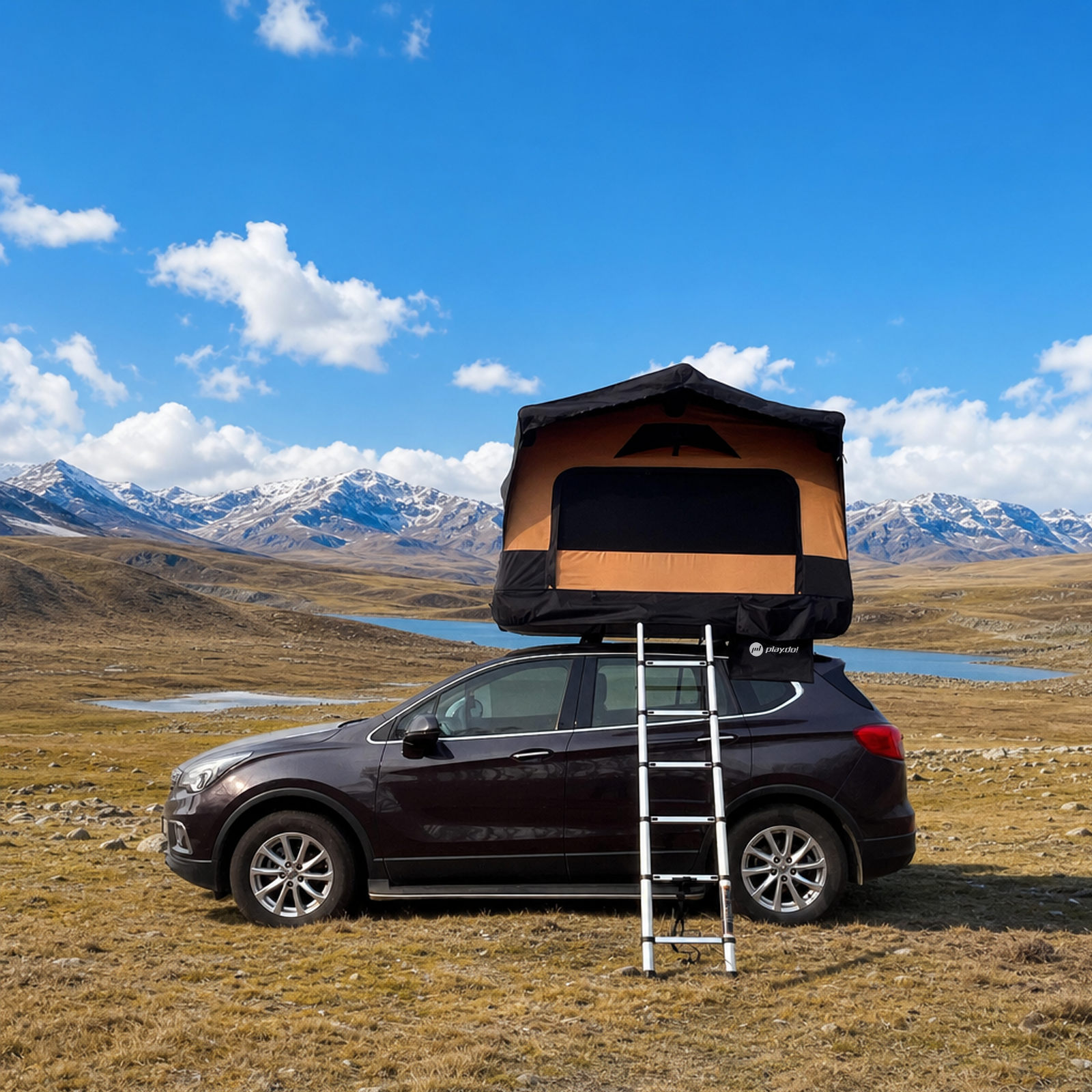 PlayDo Skiff inflatable rooftop tent on a compact vehicle