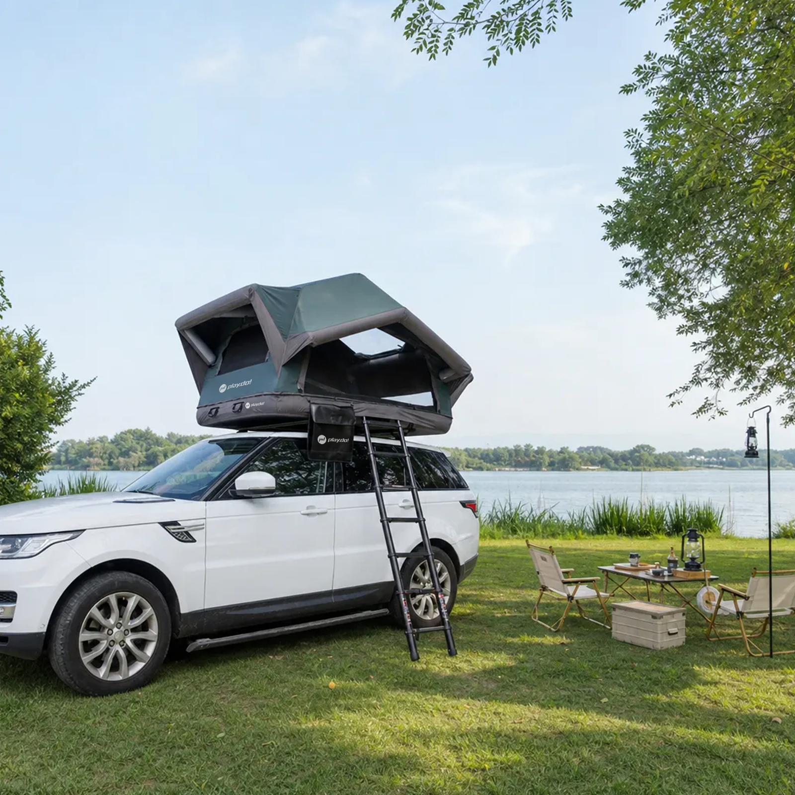 PlayDo Starry Sky 2 inflatable rooftop tent by a lake