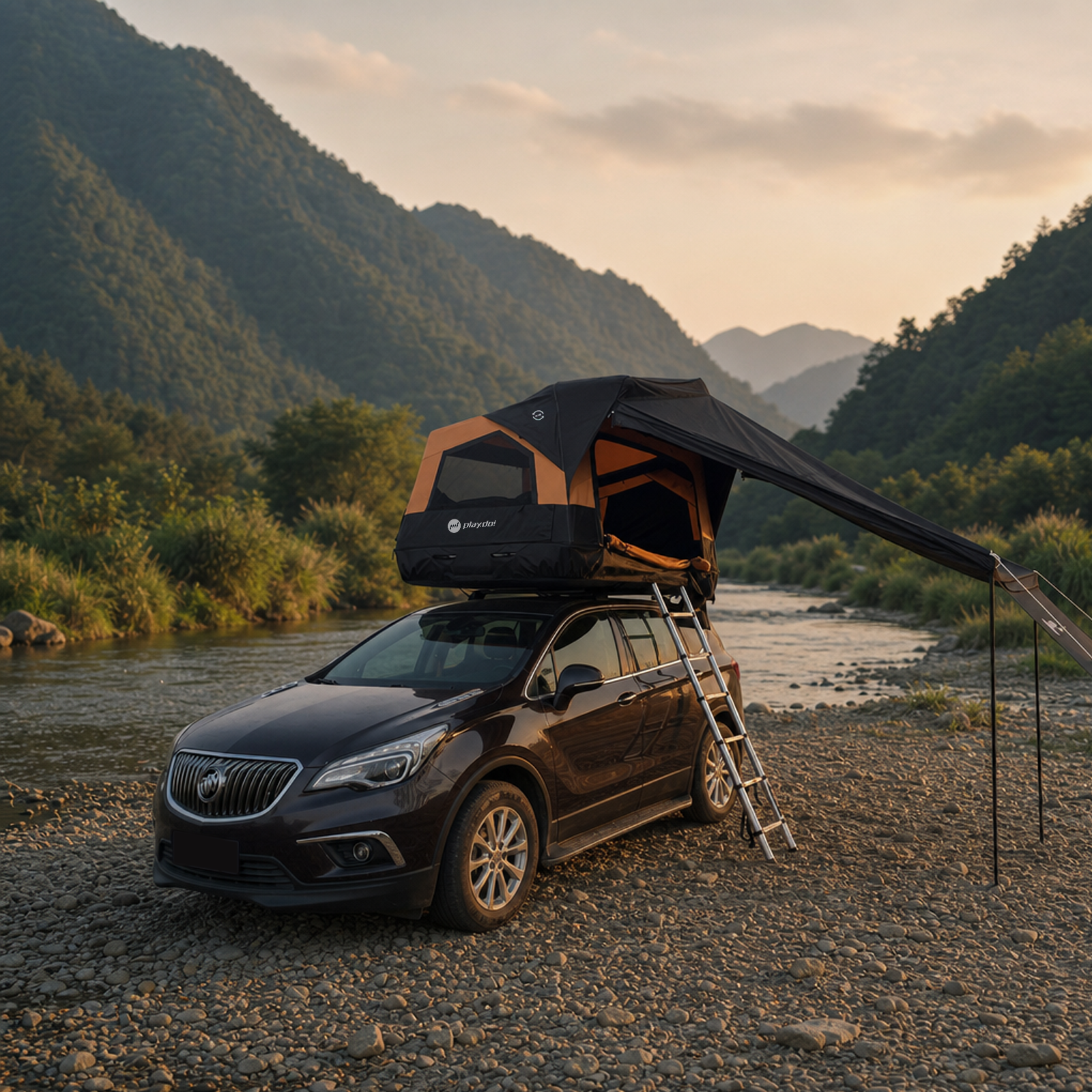 PlayDo Skiff upgraded rooftop tent with awning at a riverside campsite